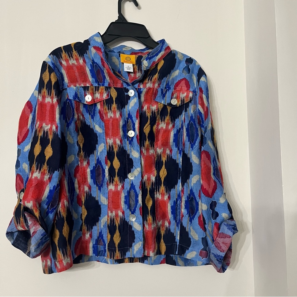 Ruby Rd Multi-Color Burn-out Blouse Over top size 14 Button Front Band Collar